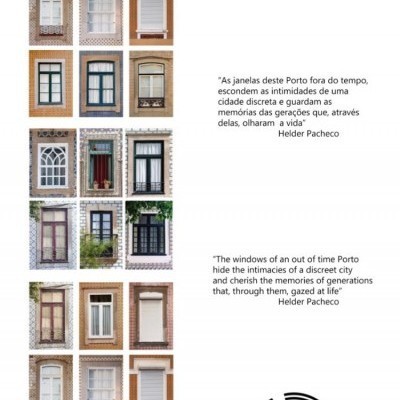 Várias janelas estilizadas com citações sobre a cidade do Porto ao lado