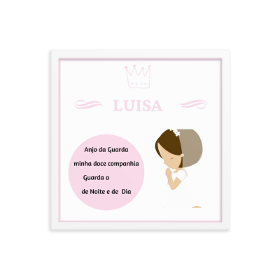 Quadro decorativo com desenho de menina a rezar e texto em português