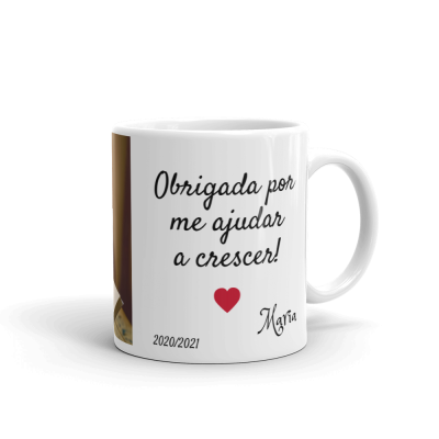 Caneca branca com texto e coração vermelho