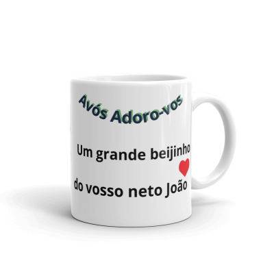 Caneca branca com texto e coração vermelho