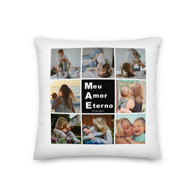 Almofada branca com colagem de fotos e texto central Meu Amor Eterno 12.05.2021