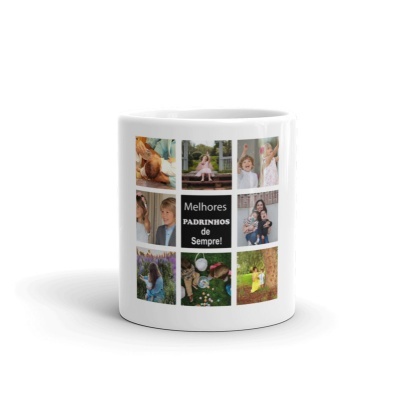 Caneca branca com colagem de fotos e texto em português