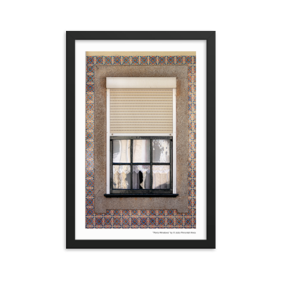 Fotografia de janela com persiana e vidro partido em moldura preta