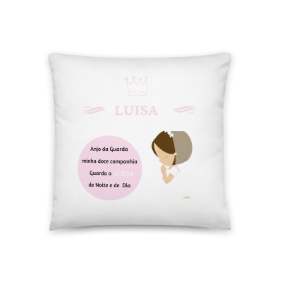 Almofada branca com desenho e texto em português para criança chamada Luisa
