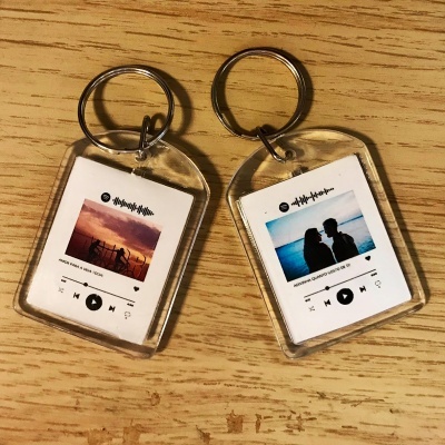 Dois porta-chaves transparentes com capas de música e códigos Spotify