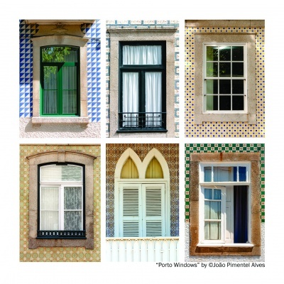 Seis janelas portuguesas com molduras de pedra e azulejos decorativos coloridos ao redor.