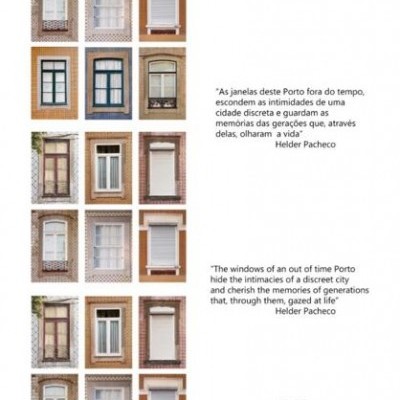 Várias janelas da cidade do Porto com texto descritivo e logótipo de fotografia