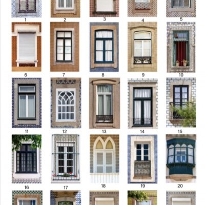 Catálogo com 25 janelas numeradas em diferentes estilos e materiais