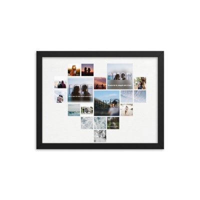 Moldura preta com fotos em formato de coração sobre fundo branco