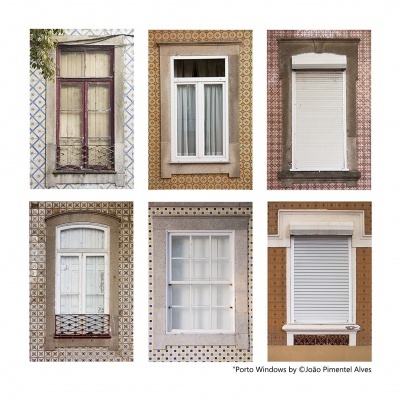 Seis janelas tradicionais portuguesas com azulejos e persianas variadas