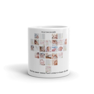 Caneca branca com fotos de bebés formando um coração e texto alusivo ao Dia da Mãe