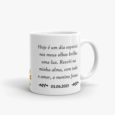 Caneca branca com texto religioso em português e data 03.06.2021