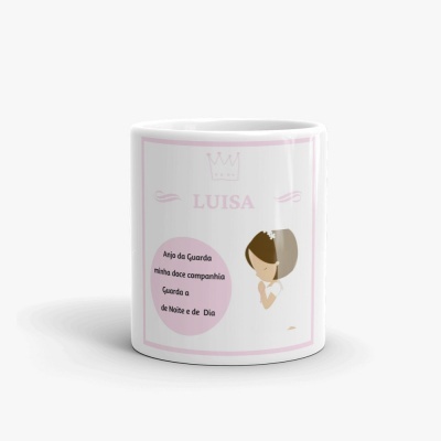 Caneca branca com ilustração e texto em rosa e castanho