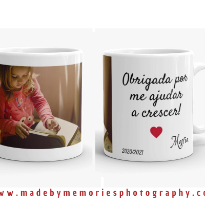 Caneca branca com foto de menina a ler e texto de agradecimento