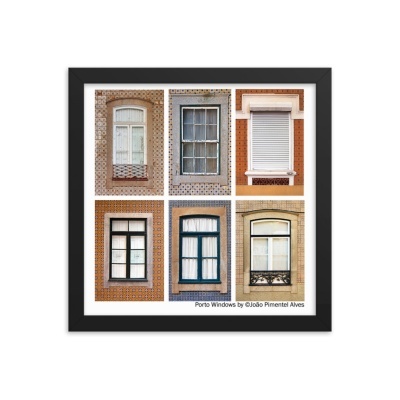 Quadro com seis fotografias de janelas típicas do Porto em várias cores e estilos.
