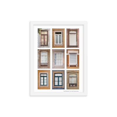 Poster com nove fotografias de janelas variadas em diferentes estilos e azulejos coloridos.