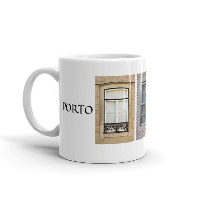 Caneca branca com imagens de janelas e texto 'PORTO'