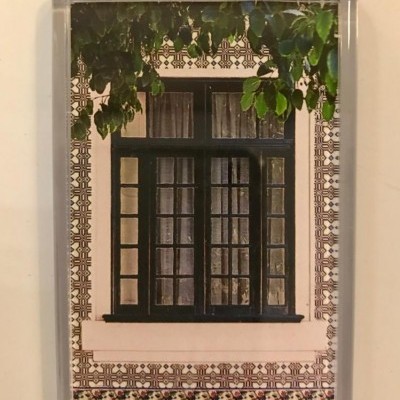 Janela preta cercada por azulejos decorativos e folhas verdes