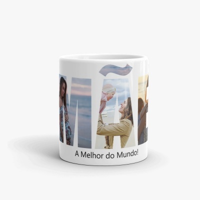 Caneca branca personalizada com fotos e texto 'A Melhor do Mundo!'