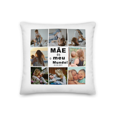 Almofada branca com fotos de família e texto 'MÃE és o meu Mundo! 02.05.2021'