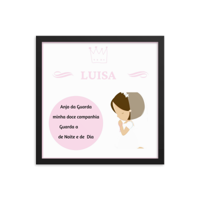 Quadro com ilustração de menina em oração, texto em círculo rosa, nome LUISA e coroa rosa