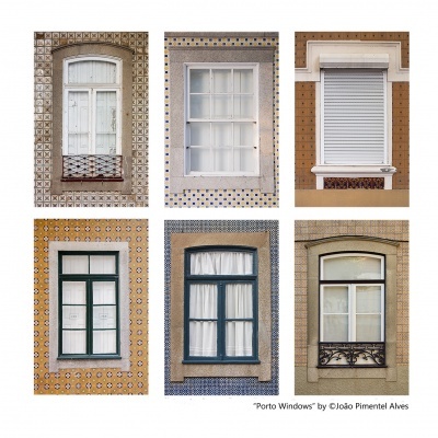 Seis janelas tradicionais portuguesas em azulejos variados e molduras coloridas.