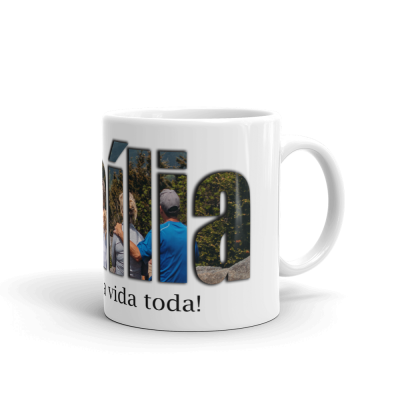 Caneca branca de cerâmica com texto impresso e alça à direita