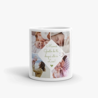 Caneca branca com fotos de mãe e bebé e texto em verde no centro.