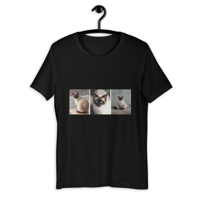 T-shirt preta com imagens de gatos Siameses