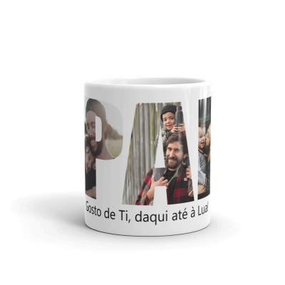 Caneca branca com fotos de família e texto em português