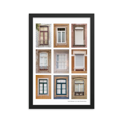 Poster com nove janelas tradicionais portuguesas em azulejos decorativos