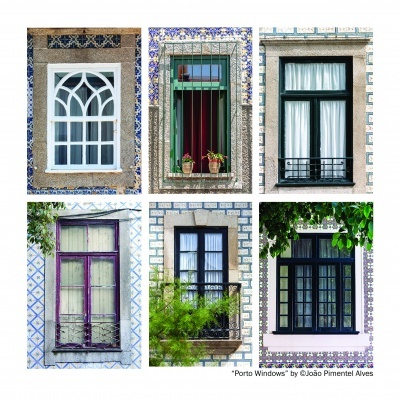Seis janelas coloridas com diferentes caixilhos e azulejos decorativos em fachadas de edifícios.