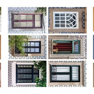 Múltiplas janelas e portas de variados estilos organizadas em grelha