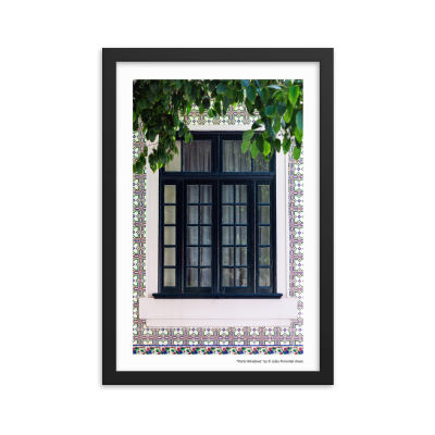 Imagem de uma janela de madeira preta rodeada por azulejos e folhas verdes