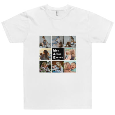 Camisola branca com estampado de fotografias e texto 'Meu Amor Eterno Desde 2016'