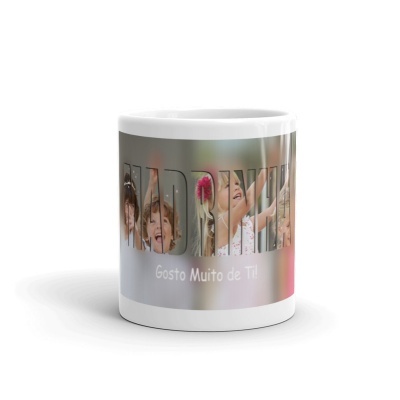 Caneca branca com foto de crianças e texto Gosto Muito de Ti