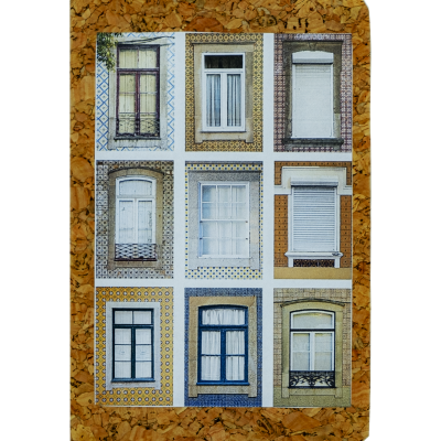 Caderno com capa de cortiça e imagens de nove janelas variadas