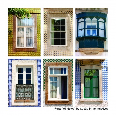 Seis janelas portuguesas com molduras de azulejos coloridos e detalhes variados