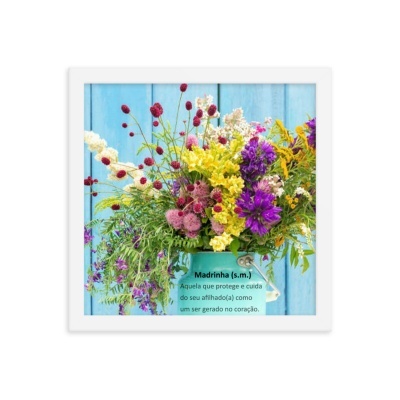 Quadro decorativo com flores coloridas e texto sobre madrinha em fundo azul claro