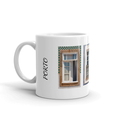 Caneca branca com imagens de janelas e texto PORTO.