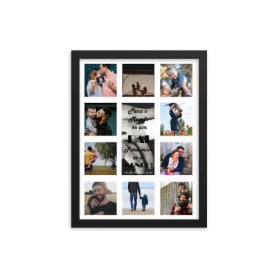 Painel decorativo com nove fotografias e mensagem central em moldura preta