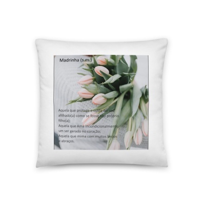Almofada branca com design de tulipas e texto 