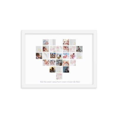 Moldura branca com colagem de fotografias em forma de coração e texto em português