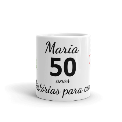 Caneca branca com texto comemorativo de 50 anos