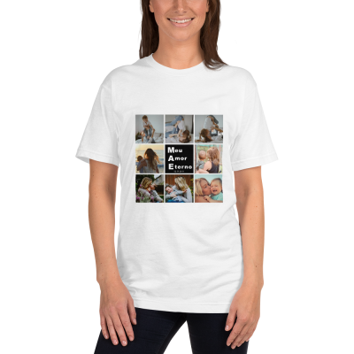T-shirt branca com estampa de fotos e texto Meu Amor Eterno