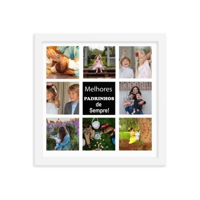Moldura branca com colagem de fotos de crianças, adultos e texto em português
