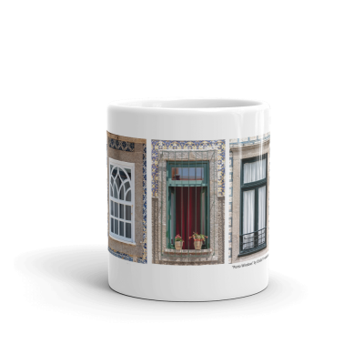 Caneca branca com imagens de janelas decorativas portuguesas