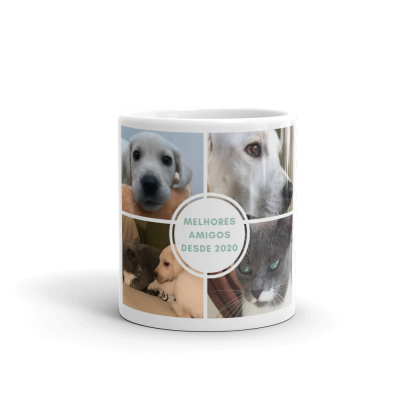 Caneca branca com fotos de cães e gatos e texto central 