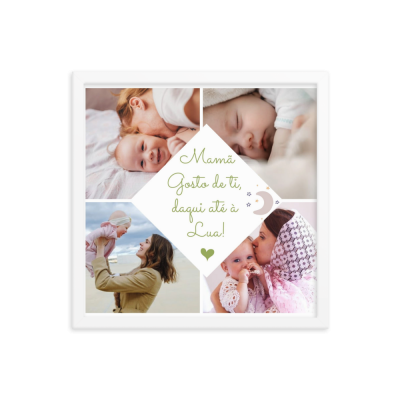 Colagem com fotos de mãe e bebé e texto sentimental em português.