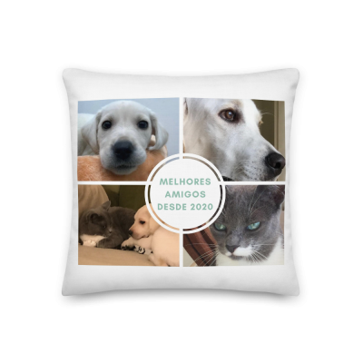 Almofada branca com fotos de cães e gatos e texto MELHORES AMIGOS DESDE 2020